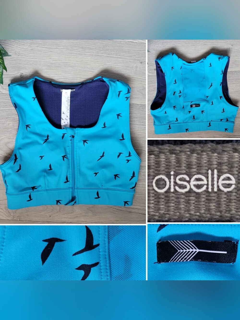 Oiselle Flyout Zip Bra Bold Blue Flying Bird Print Sports Bra, Women's 06 Small